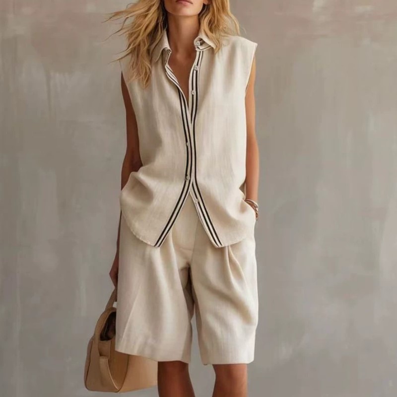 Shirt Camp Collar - Ensemble deux pièces décontracté en lin